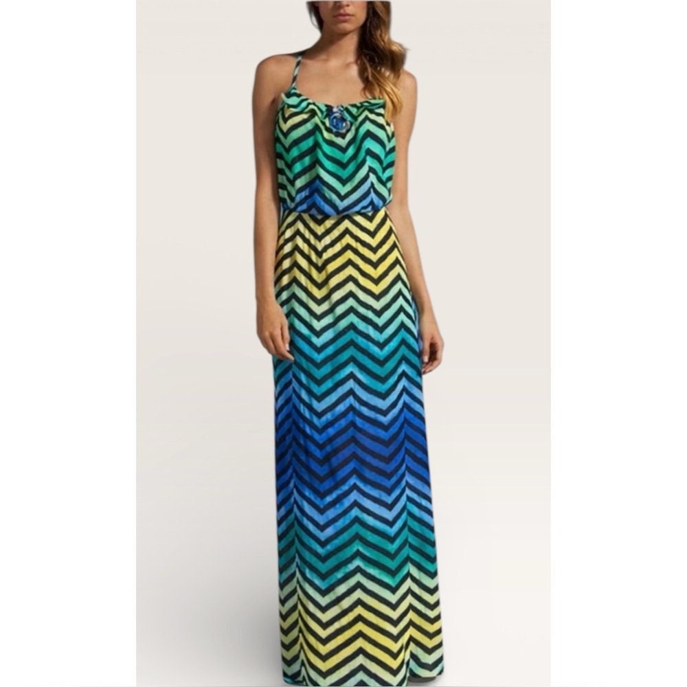 PARKER | NWT $280 Silk Ruffle Getaway Maxi Dress in Cobalt Chevron Print, Size L